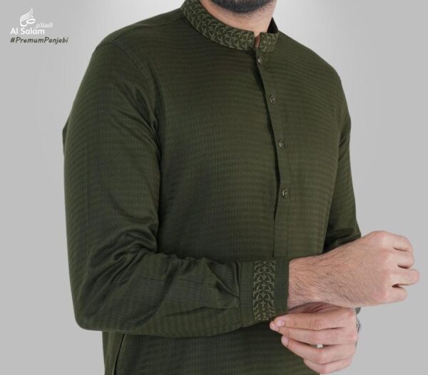 Al-Salam-السلام - Premium Quality Olive Color Semi Long Panjabi For men