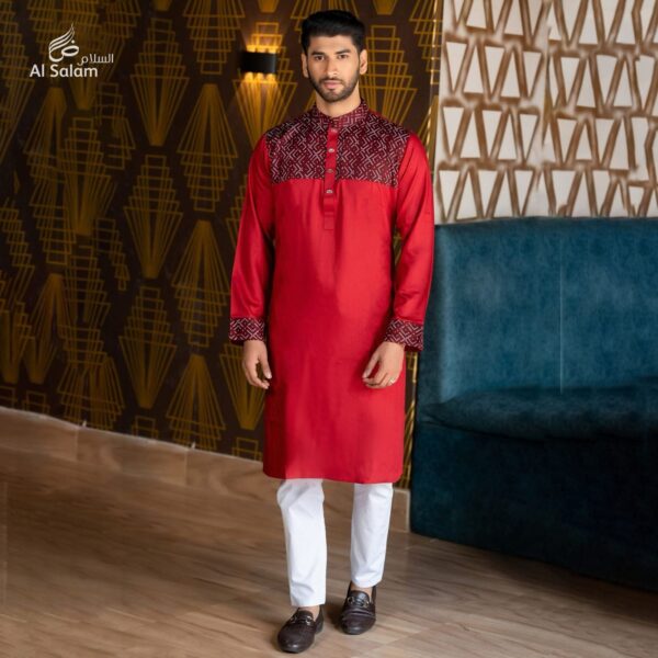 Al-Salam-السلام - Premium Quality Red Color Semi Long Panjabi For Men